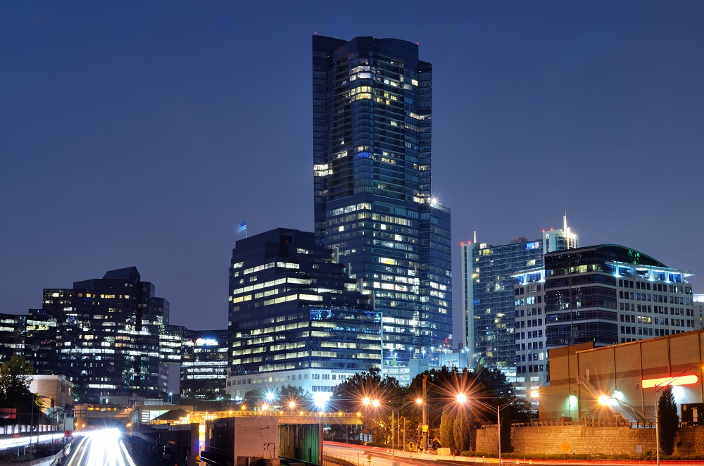 View of buck head with tall buildings during the night