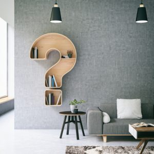 Minimalist living room with a question mark bookshelf