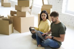 Couple discussing and choosing stuff for renovation