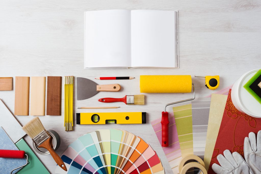 flat lay of creative materials and equipment for home renovation